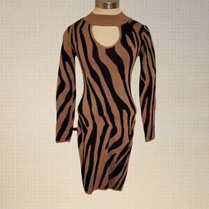Striped Leopard Print Bodycon Dress Long Sleeve Cutout Chest Medium
